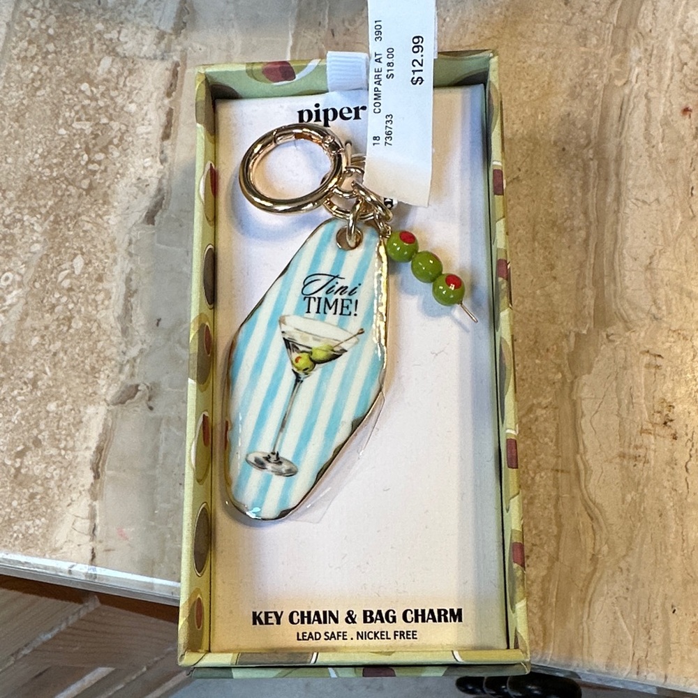 Piper Martini Key Chain in Aqua, White & Gold with Green Bead Accent